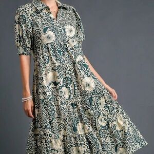 NWT Umgee Teal and Cream Patterned Midi Dress 1X